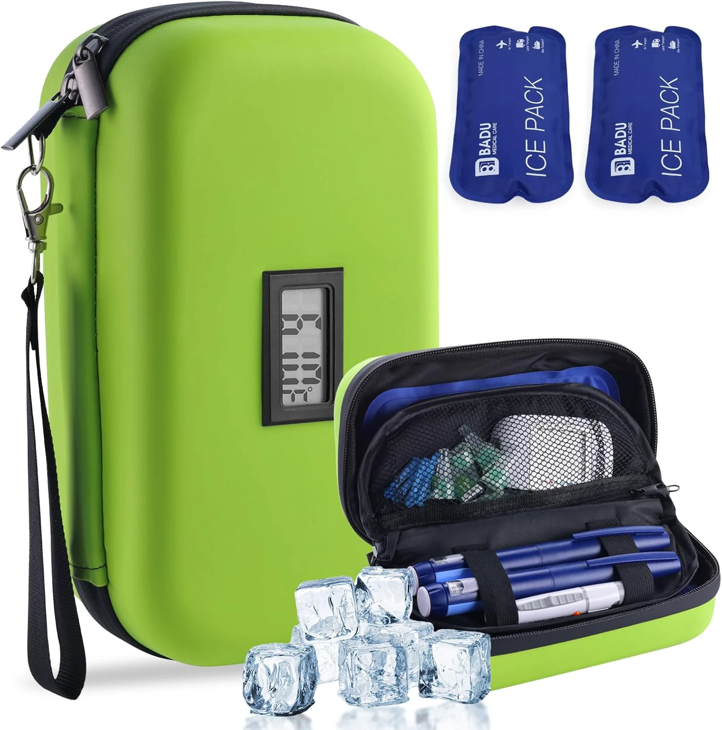 Insulin Cooler Travel Case TSA Approved Refrigerated Medicine Cooler for Travel w/Thermometer Temperature Display Diabetic Travel Case Bag w/2 Reusable Ice Packs for Daily Life Trip Green