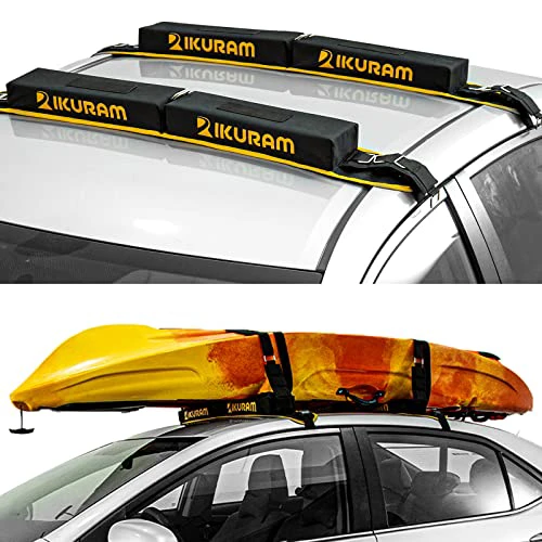 IKURAM Surfboard Car Roof Rack Pads, Universal Soft Roof Rack Carrier for Kayak Paddle Board SUP Canoe Ladder with 6 Heavy Duty Tie-Down Straps, Storage Bag