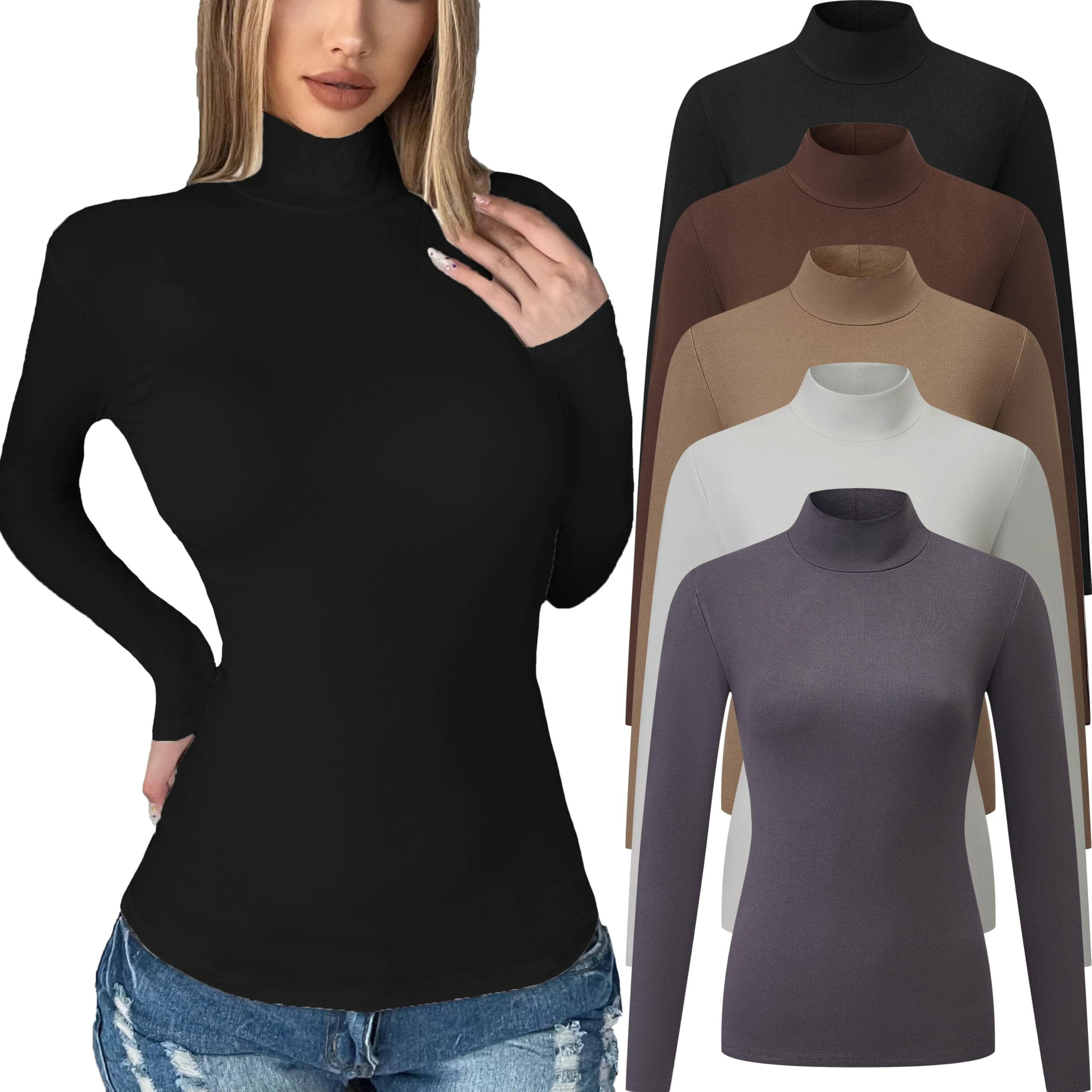 5 Pack Womens Long Sleeve Tops Mock Turtleneck Basic T Shirt Fall Stretch Tight Fitted Thermal Shirts X-Large 5 Piece：black/White/Coffee/Khaki/Grey