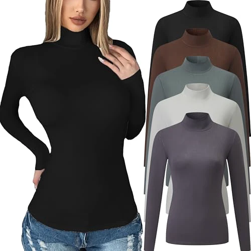 5 Pack Womens Long Sleeve Tops Mock Turtleneck Basic T Shirt Fall Stretch Tight Fitted Thermal Shirts Medium 5 Piece：black/White/Coffee/Green/Grey