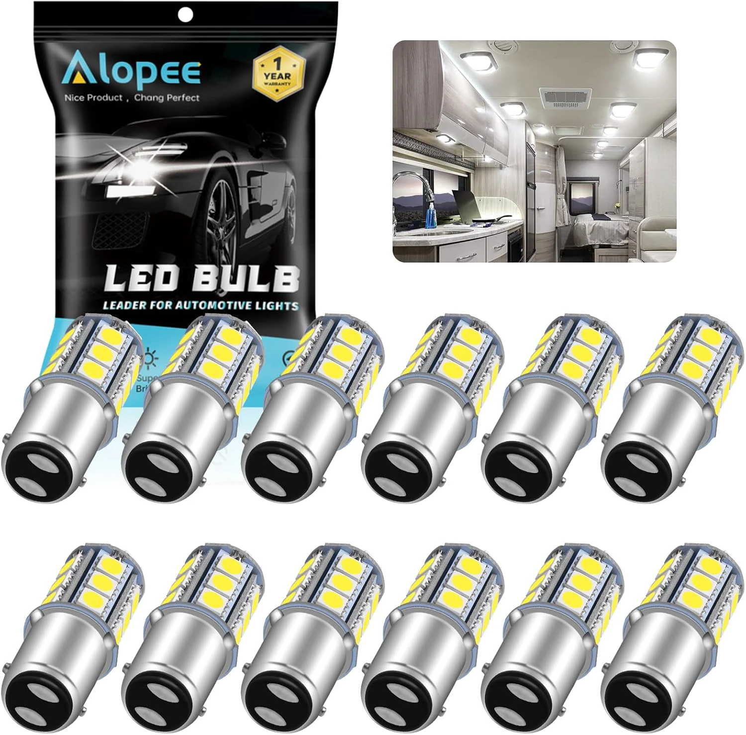 Alopee White Non Polarity 1076 Led Bulb for RV Camper Trailer Interior Lights 1142 Led Bulb 1004 90 BA15D Led Bulb 12V Replacement for Boat Navigation Light, Pack of 12