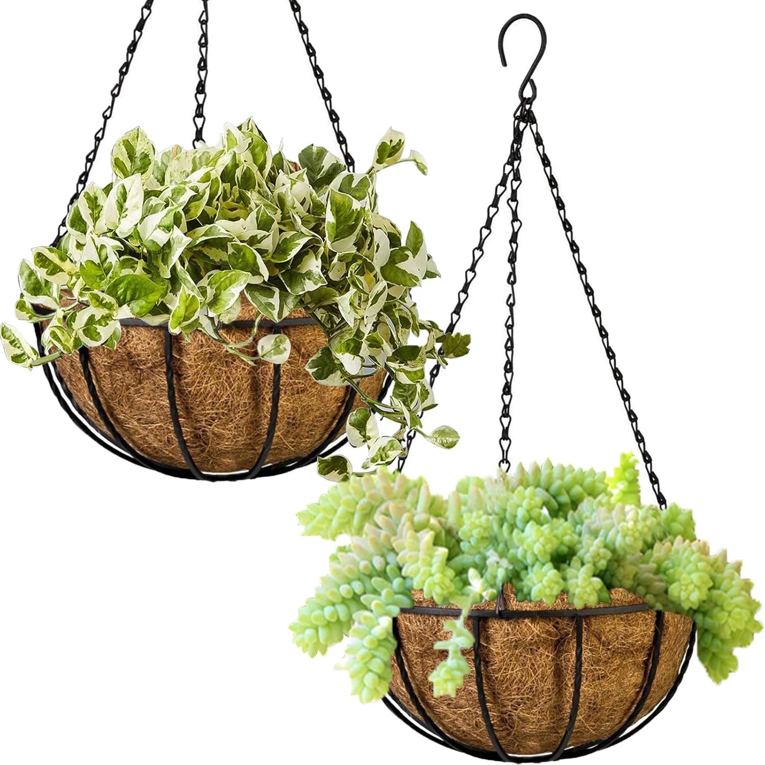 Hanging Basket Planter Flower Pot with Coconut Coir Liner 10 Inch Metal Round Wire Plant Holder with Chain for Outdoor Garden Home Balcony Decor, 2 Pack 10 Classic