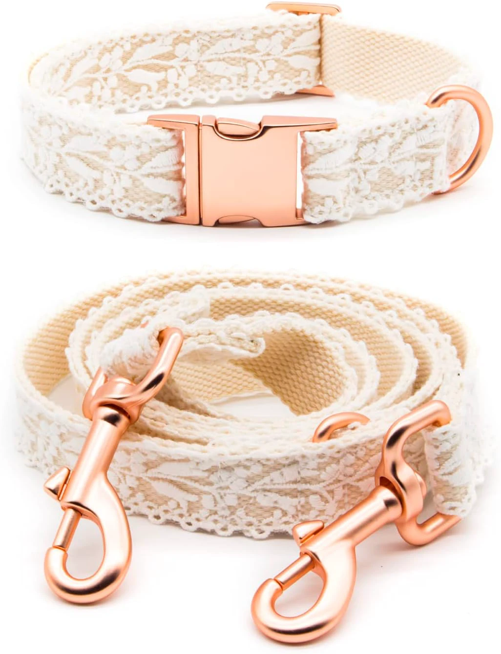 Dog Collar and Leash Set, Cotton Lace Handmade 4-5 FT Adjustable Comfortable Unique Collars and Leashes for Small Medium Large Dogs S Beige ((2pcs collar+leash, width:1")