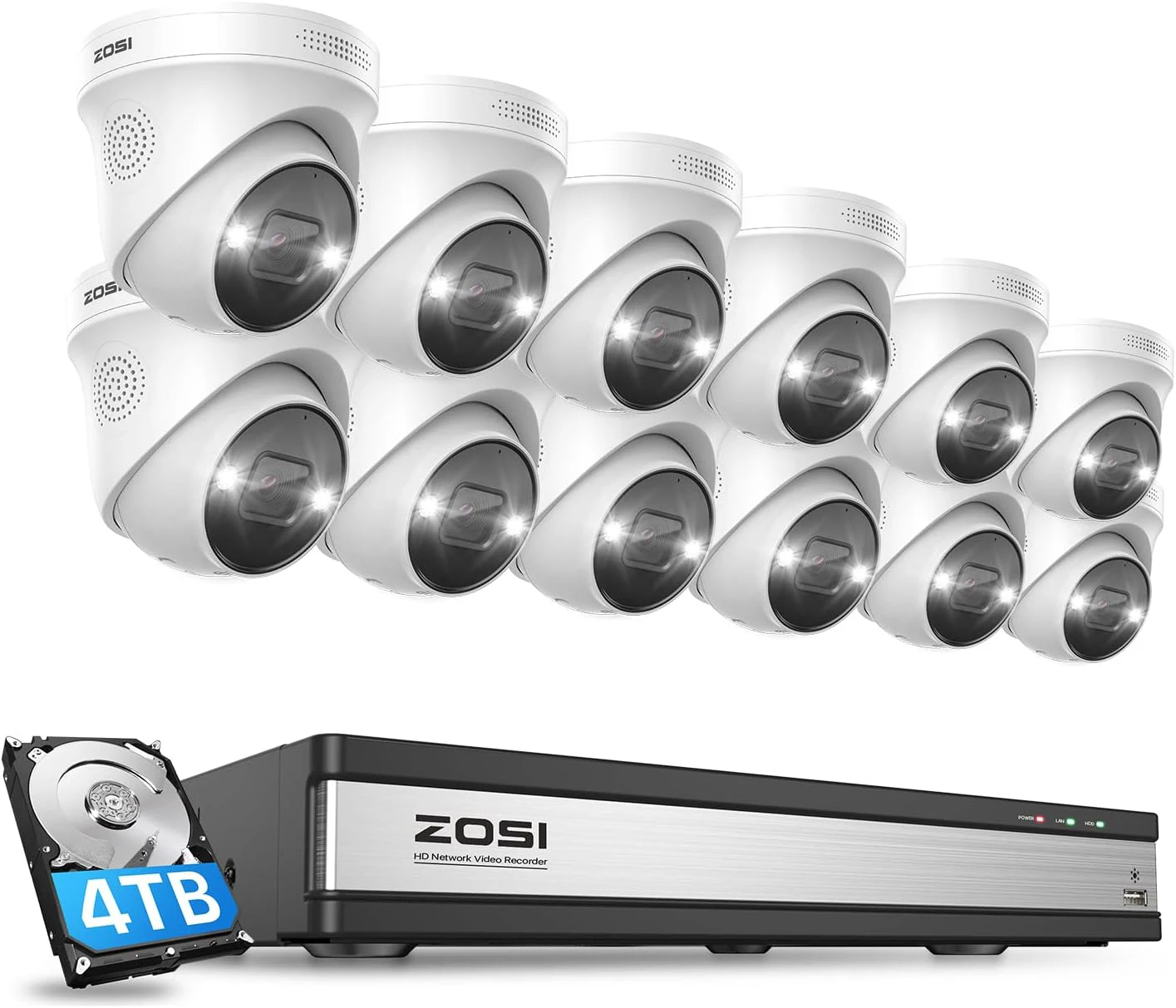 ZOSI 16CH 4K PoE Security Camera System, 12pcs 4K Outdoor Indoor PoE Cameras, Person Vehicle Detection, 2 Way Audio, Sound&Light Siren, Night Vision, 16Channel 8MP NVR with 4TB HDD for 24/7 