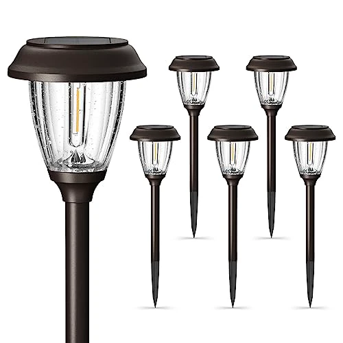 XMCOSY+ Solar Lights Outdoor 10/25 LM LED with 2 Lighting Modes, Solar Garden Lights Glass and Metal, IP65 Waterproof Solar Powered for Yard Pathway Walkway Driveway Patio (6 Pack, Warm Whit