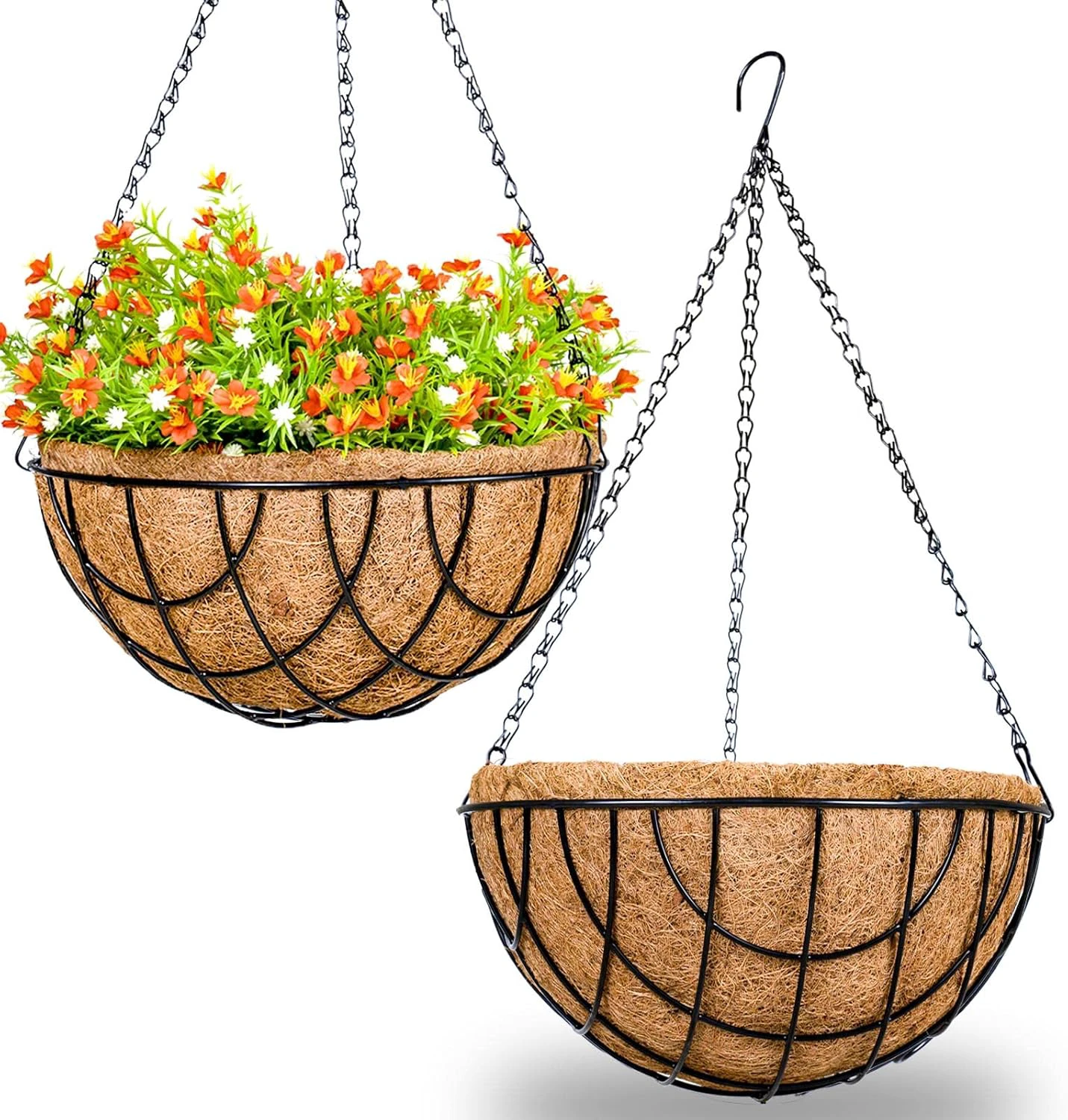 10 Inch Metal Hanging Planter Watering Basket Flower Pot with Coco Coir Liner for Indoor Outdoor Plant Decoration, 2 Pack 10 Mesh