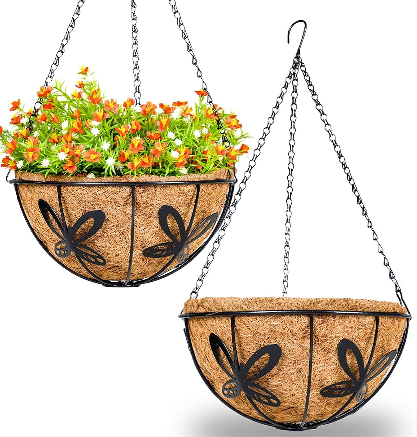 Metal Hanging Planter Basket Flower Pot with Coconut Coir Liner Plant Holder for Indoor Outdoor Balcony Home Garden Decor Butterfly Pattern, 12 Inch, 2 Pack 12 Butterfly