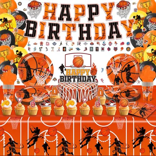 Basketball Party Decorations, Basketball Birthday Decorations,Basketball Birthday Party Supplies Kit，Including Sport Themed Birthday Plates Tablecloth Napkin Banner Basketball Garland Cupcak