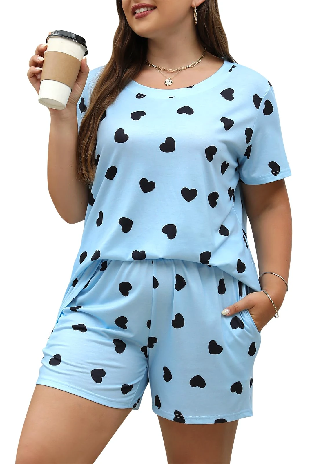 Celkuser Plus Size Pajamas Set for Women 2-Piece Short Sleeve Sleepwear Soft Loungewear PJs with Pockets 1x-5x Blueheart X-Large Plus