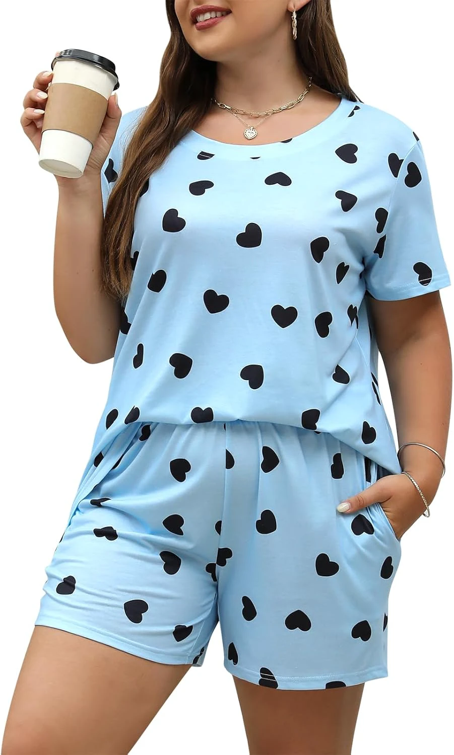 Celkuser Plus Size Pajamas Set for Women 2-Piece Short Sleeve Sleepwear Soft Loungewear PJs with Pockets 1x-5x Blueheart XX-Large Plus