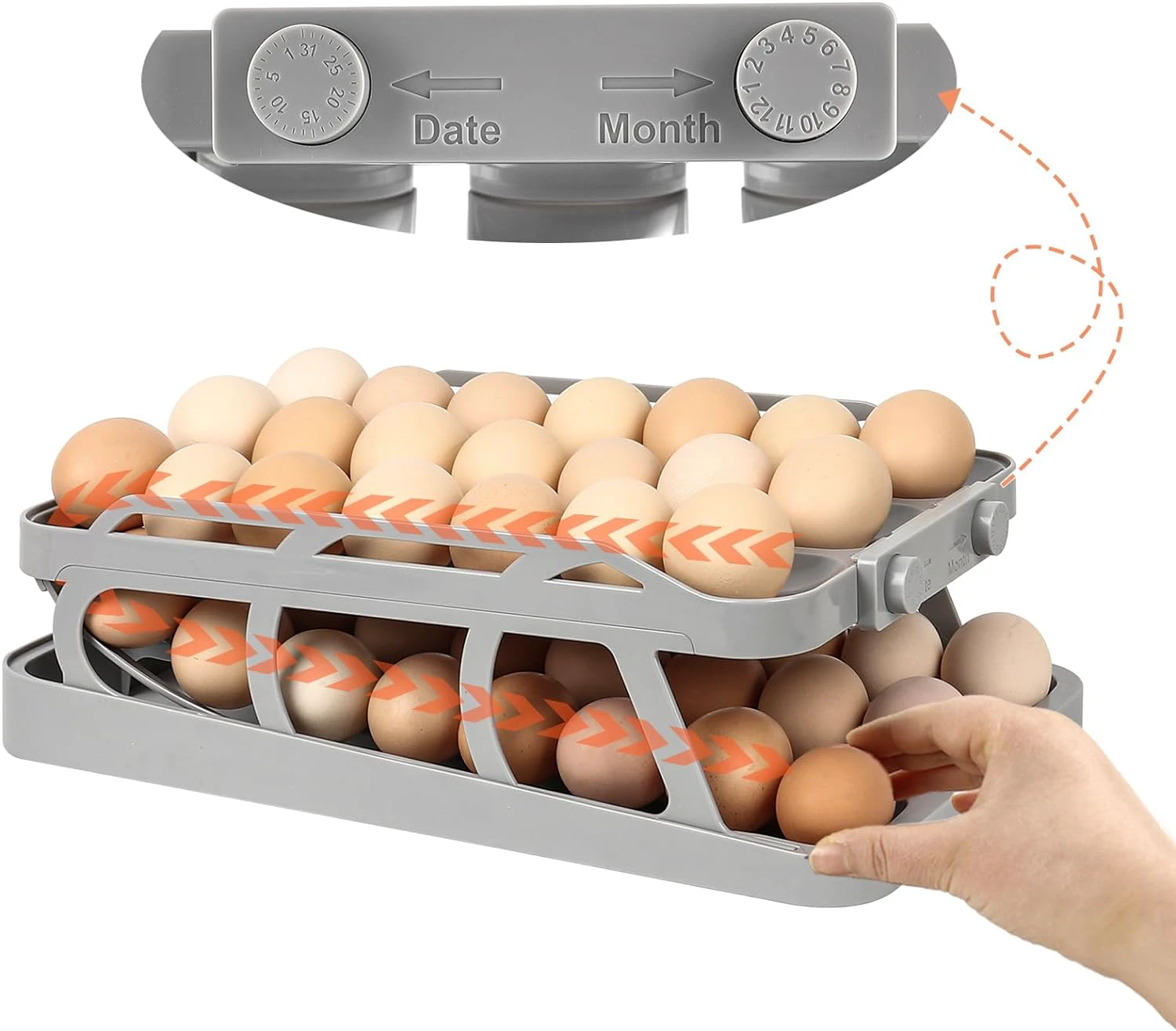 42 Eggs Egg Holder for Fridge, 3 Rows Auto Rolling Egg Dispenser, 2 Tier Egg Organizer for Refrigerator Space Saving Automatic Egg Roller for Fridge Countertop (Grey)