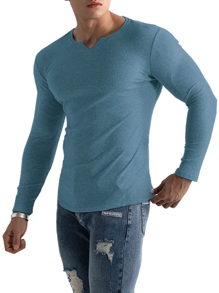 Muscle Cmdr Men's Henley Long&Short Sleeve T-Shirt Slim Fit V Neck Shirts Stretch Tee Casual Underwear Athletic Medium Weight Small 0-blue-long