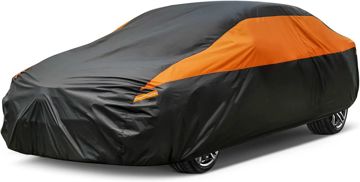 Car Cover for Automobiles All Weather Waterproof, Universal Fit Sedan Chevrolet Caprice, Buick Roadmaster/Riviera, Ford Crown Victoria, Cadillac DTS etc, Length Up to 218 Inch Black-Orange 2