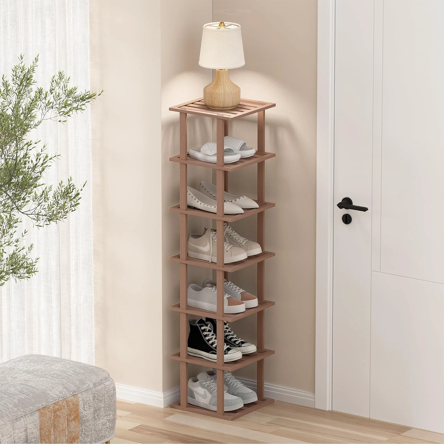 Bamboo Shoe Rack for Front Door Entrance, Brown Vertical Shoe Rack - Tall Narrow Shoe Rack Organizer for Small Spaces, Wooden Shoe Shelf for Closet and Entryway, Space Saving 7 Tier Stackabl