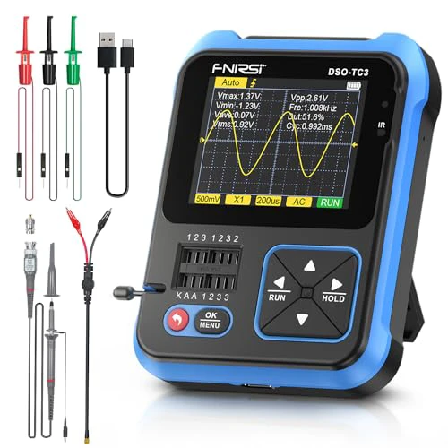 【Upgraded Model 10X Probe] DSO-TC3 Oscilloscope 3-in-1 Handheld Oscilloscope DDS Signal Generator Transistor Tester Oscilloscope 500Khz Bandwidth 10MSa/s Sampling Rate, 6 Types of Waveforms