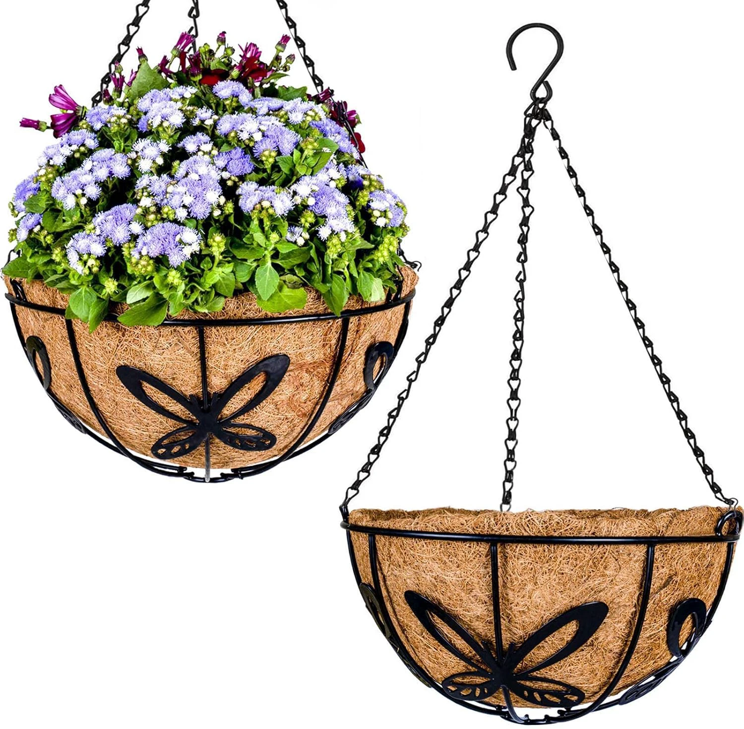 Metal Hanging Planter Flower Basket with Coco Liner for Plants Outdoor Garden Decoration Porch Decor Watering Pot Indoor - Butterfly Pattern, 12 Inch, 2 Pack 12 Inch Butterfly