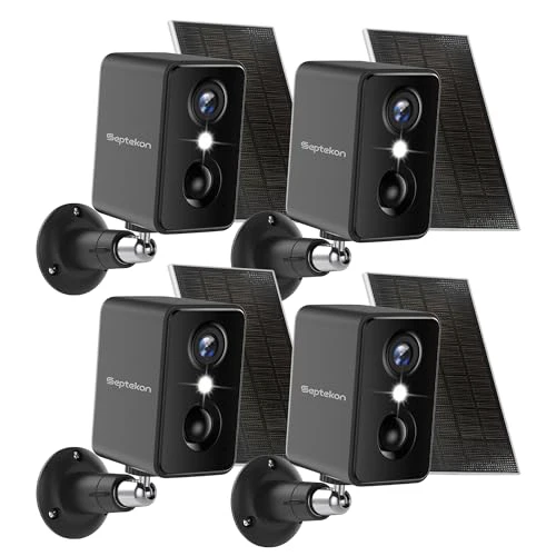 Septekon 2K Security Cameras Wireless Outdoor 4 Pack, Solar Battery Powered Camera with Two Spotlights, PIR Motion Detection Siren, Color Night Vision, 2-Way Audio, IP66 Waterpoof 4 Pack Bla