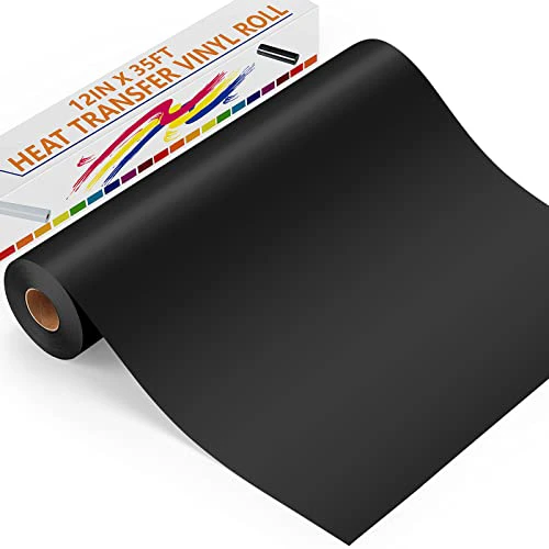 Black Heat Transfer Vinyl 12" x 35ft Black HTV Vinyl Roll, Heat Transfer Vinyl for T Shirts, Black Iron on Vinyl for Cricut & Cameo, Silhouette, Easy to Cut & Weed