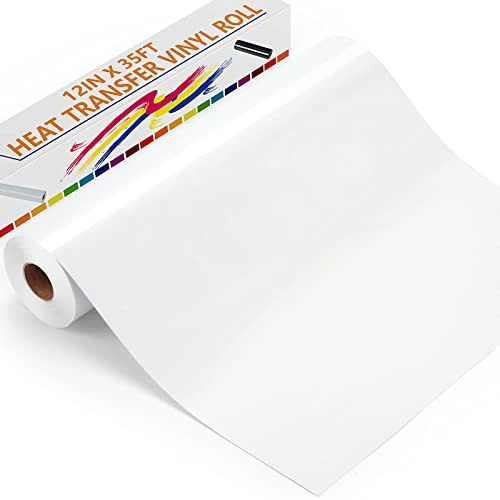 White Heat Transfer Vinyl - 12" x 35ft White HTV Vinyl Roll, Heat Transfer Vinyl for T Shirts, White Iron on Vinyl for Cricut & Cameo, Silhouette, Easy to Cut & Weed