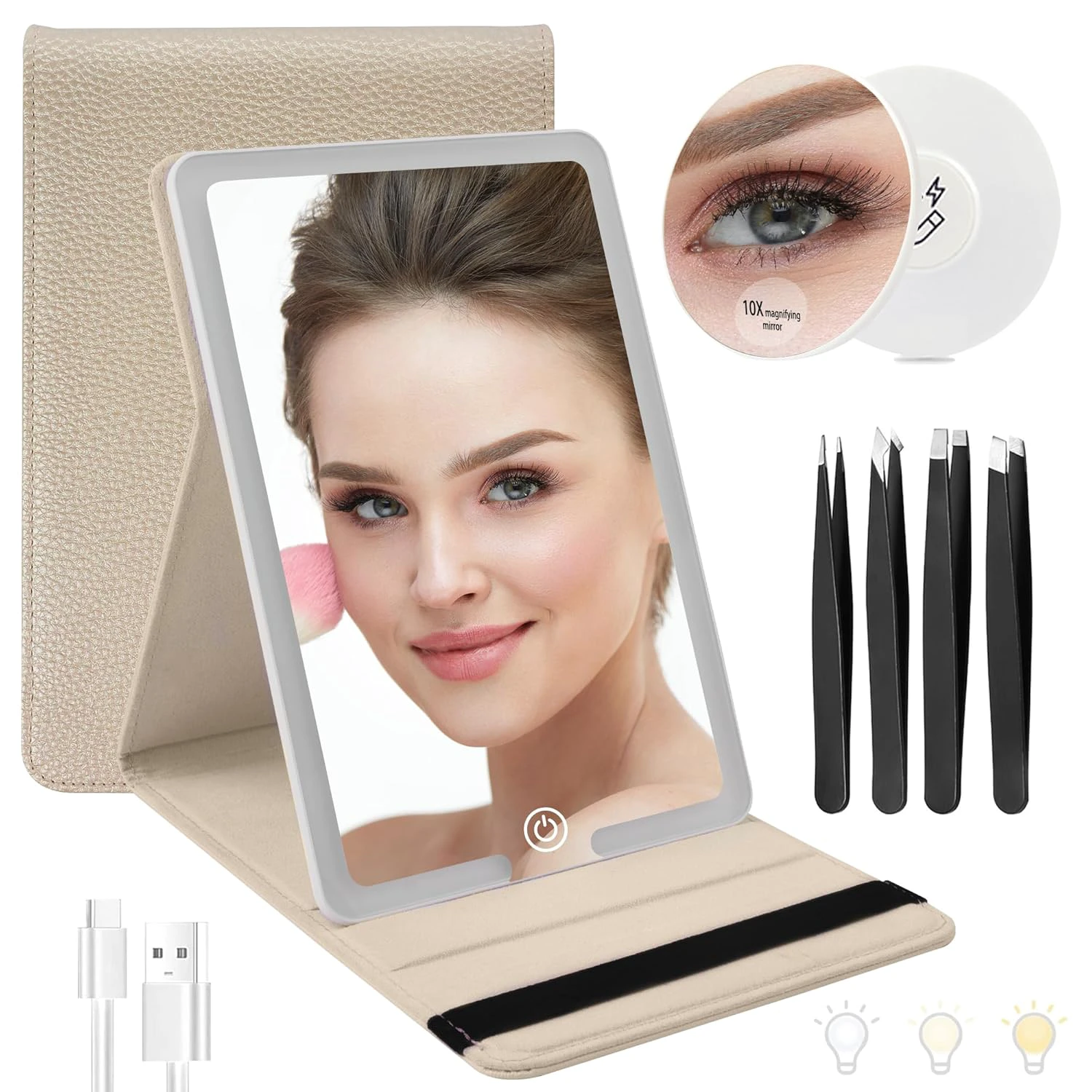 Travel Mirror with Light Ultrathin Portable Travel Makeup Mirror Rechargeable 2000mAh and 3 Color Settings Lighted Vanity Mirror Include 10X Magnifying Mirror&Tweezers Set -Apricot