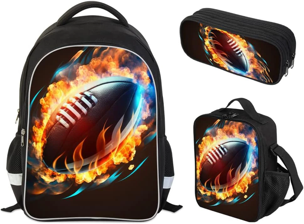 Boys Backpack American Football Pattern with Lunch Box, Set of 3 for Kids To School