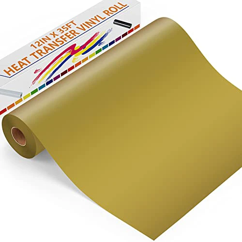 Gold Heat Transfer Vinyl Roll, 12" x 35FT Gold Iron on Vinyl for Cricut & Cameo, Gold HTV Vinyl Roll for All Cutter Machine Cutting and Weeding, Cameo,Decal, Signs, Easy to Cut & Weed Design