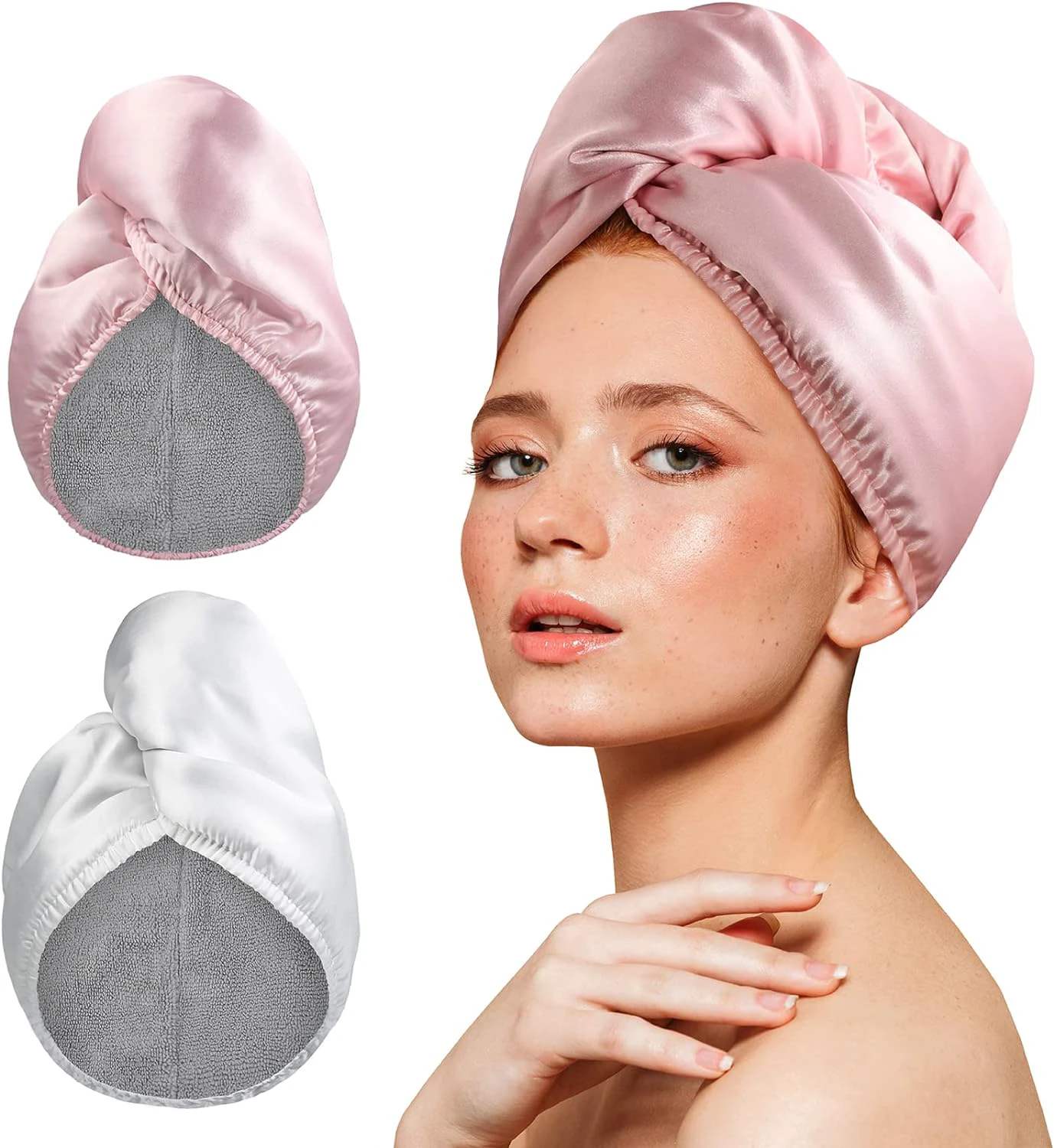 YoulerTex Microfiber Hair Towel Wrap Turban: 2Pack Drying Hair Twist Head Towels for Women Girls Curly Long Thick Wet Plopping Hair Quick Rapid Dry Anti Frizz Absorbent (Pink/White)