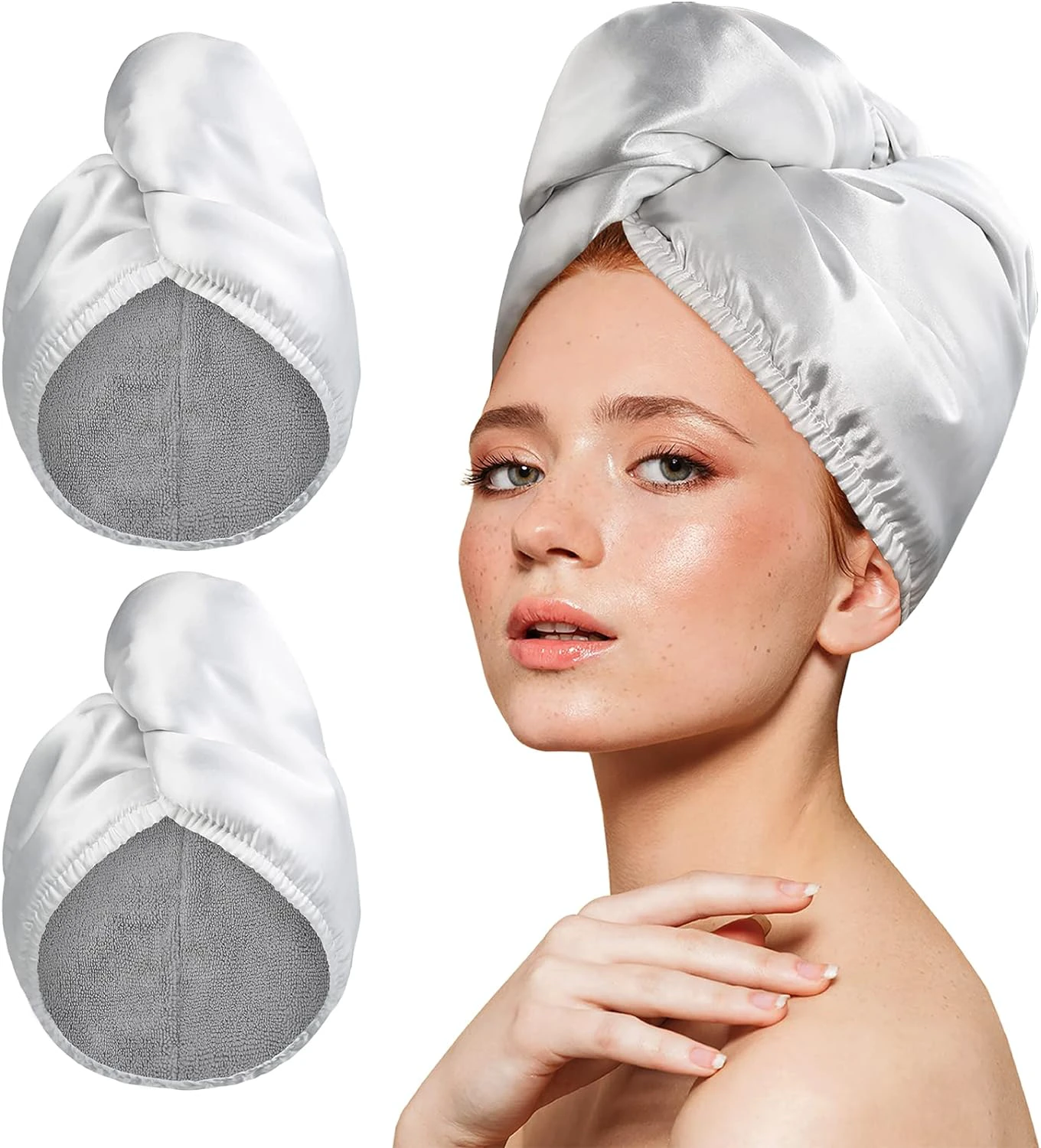 YoulerTex Microfiber Hair Towel Wrap Turban 2Pack Head Towels for Drying Women Curly Long Wet Plopping Hair Quick Rapid Dry Anti Frizz Absorbent Hair Towel After Shower (Silver-White)