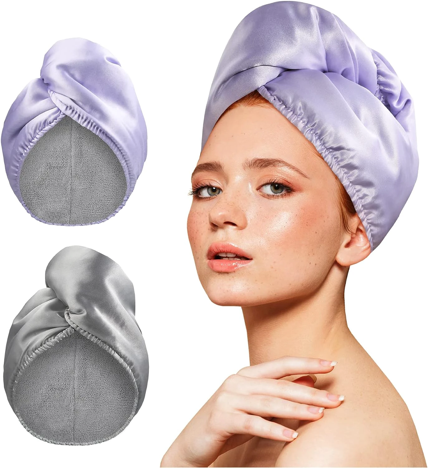 YoulerTex Microfiber Hair Towel Wrap Turban 2Pack Head Towels for Drying Women Curly Long Wet Plopping Hair Quick Rapid Dry Anti Frizz Absorbent Hair Towel After Shower (Purple/Gray)