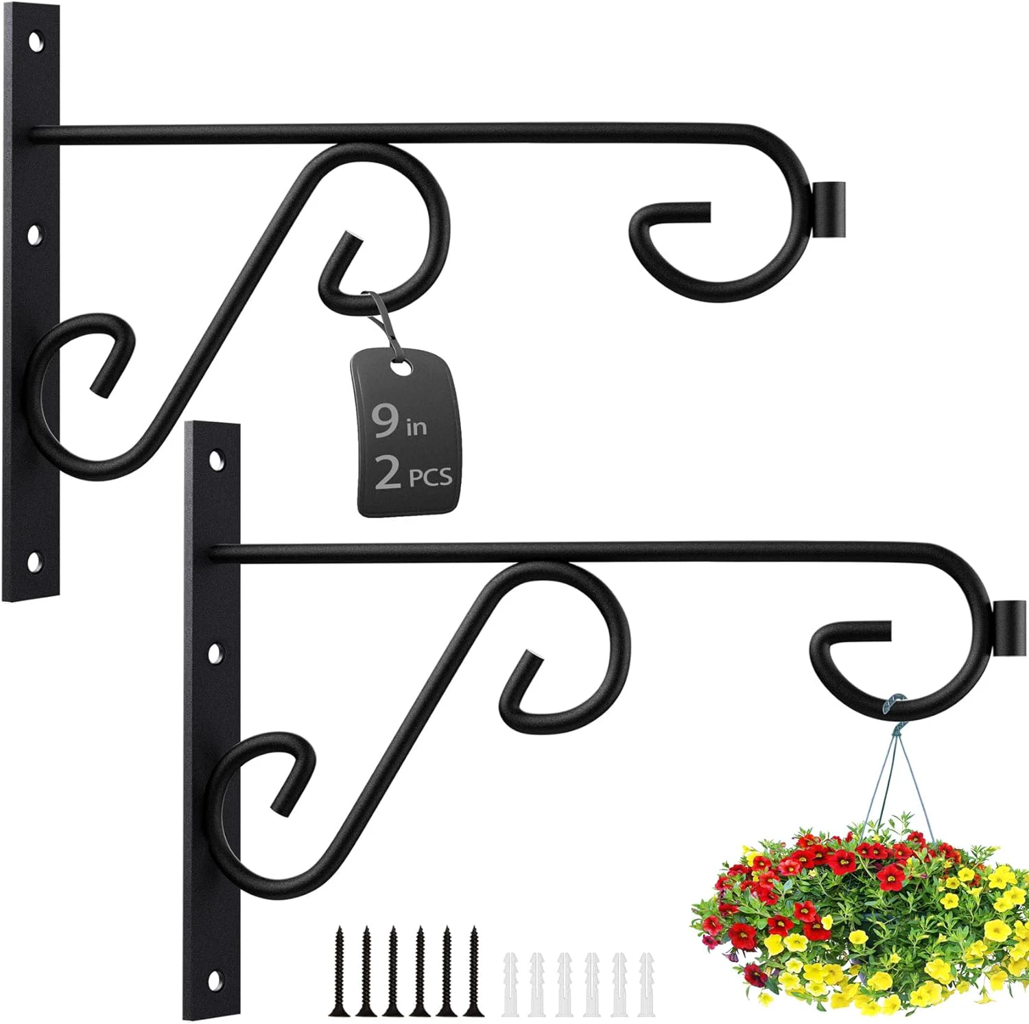 Plant Hanger 9in 2Pack Metal Bracket Hooks for Wall Hanging Lanterns, Bird Feeder Flower Basket Home Decor Indoor & Outdoor Black 9in Modern/2Pack