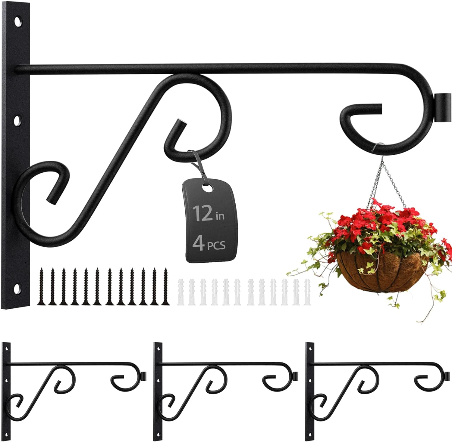 Plant Hanger 12inches 4Pack,Metal Bracket Hooks for Wall Hanging Lanterns, Bird Feeder Flower Basket Home Decor Indoor & Outdoor Black 12 Inch Modern/4Pack