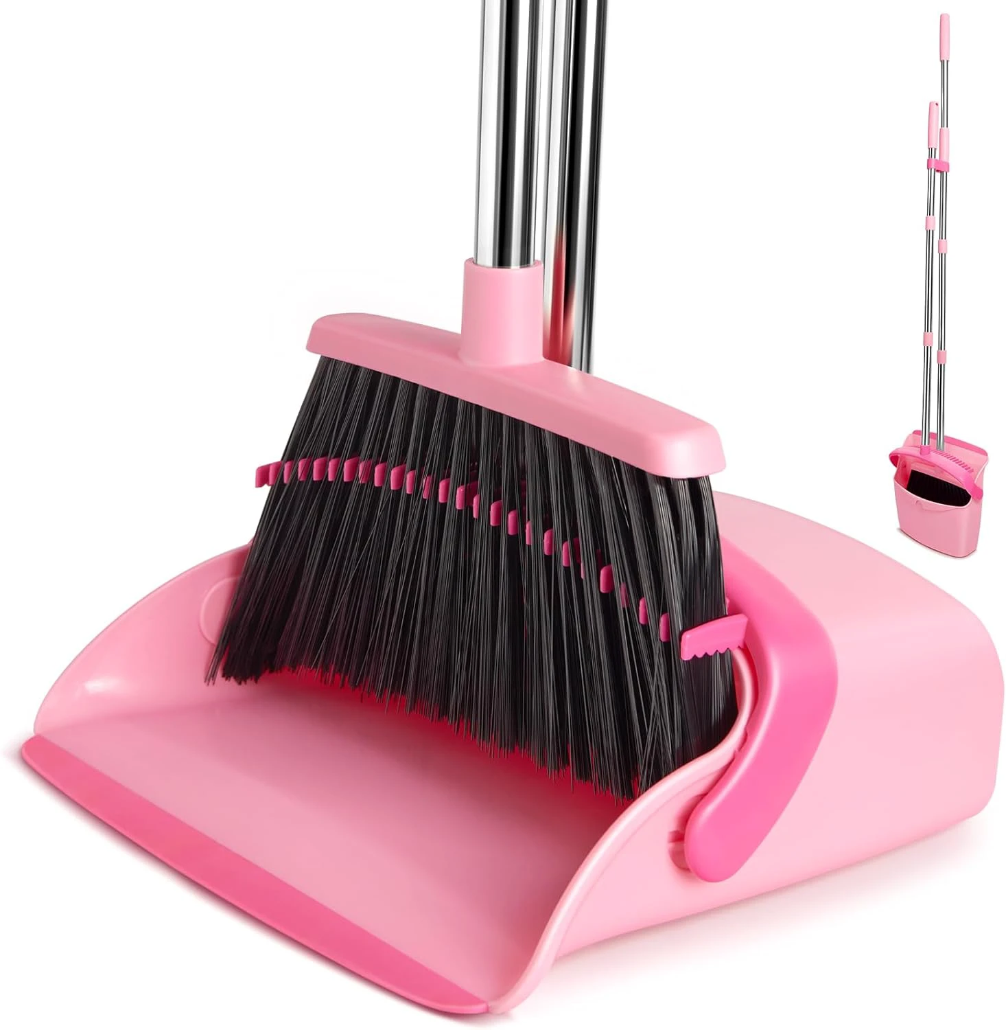 Broom and Dustpan Set, Dustpans with Broom Combo for Home, Heavy Dust Broom and Dustpan Combo, Long Handle Dust Pan and Broom Set for Kitchen, Office, Pet Hair,Pink, Pack of 1