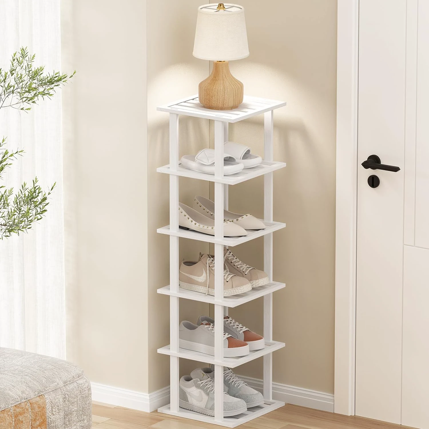 White Bamboo Shoe Rack for Small Spaces 6 Tier Tall Vertical Narrow Rack for Closet Stackable Shoe Holder, Stand for Entryway Storage Shoe Organizer Slim Shoe Shelf White 6 Tier