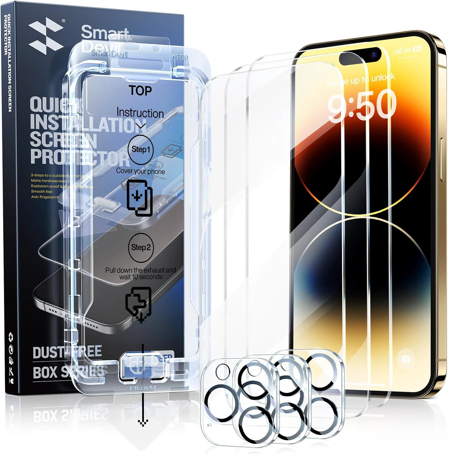 SMARTDEVIL 3-Pack Screen Protector for iPhone 14 Pro with 3-Pack Camera Lens Protector, Clear 9H Tempered Glass Film, Super Fast Installation (Dust-Free & Bubble-Free), Alignment Tool