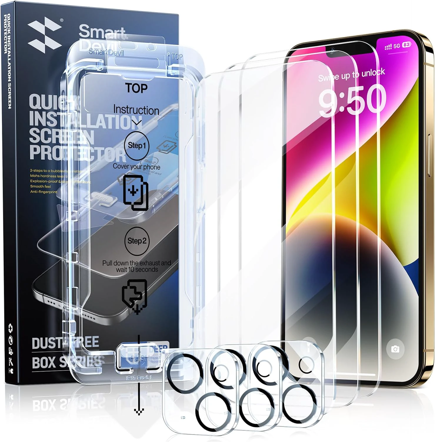 SMARTDEVIL 3-Pack Screen Protector for iPhone 14 Plus with 3-Pack Camera Lens Protector, Clear 9H Tempered Glass Film, Super Fast Installation (Dust-Free & Bubble-Free), Alignment Tool