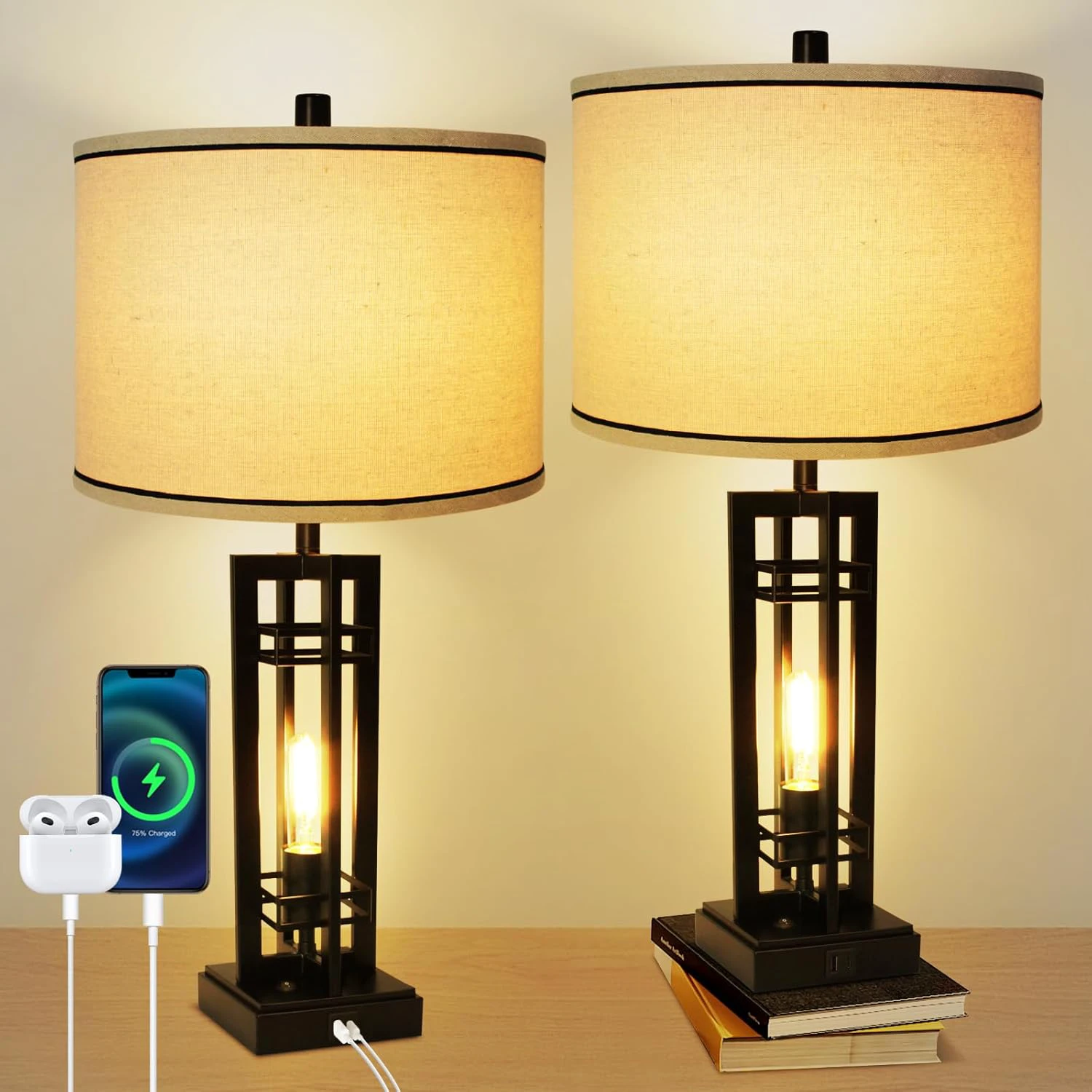 28" Tall Table Lamps Set of 2, 3-Way Dimmable Touch Lamp with 2 USB Charging Ports, Large Farmhouse Table lamp with 2-Light Design, Ideal for Living Room, Office, Hotel, Bulbs Included Black