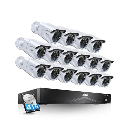 ZOSI 24CH 4K PoE Security Camera System with 4TB HDD,16pcs 8MP Outdoor Audio IP Cameras,Night Vision,Person Vehicle Detection,Smart Light Siren,Dual Disk Backup,4K 16 Port 24CH NVR for 24/7 