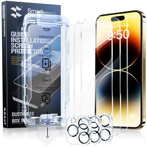 SMARTDEVIL 3-Pack Screen Protector for iPhone 14 Pro Max with 3-Pack Camera Lens Protector, Clear 9H Tempered Glass Film, Super Fast Installation (Dust-Free & Bubble-Free), Alignment Tool