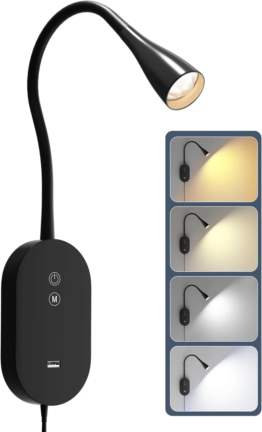 Wall Reading Lights for Book in Bed, Reading Lamp with 4 Color Modes 5 Dimmable, CRI 95+ Resembles Natural Sunlight,2A USB Output, Memory Function, 4-Hour Auto Off, Headboard Wall Lamp Black