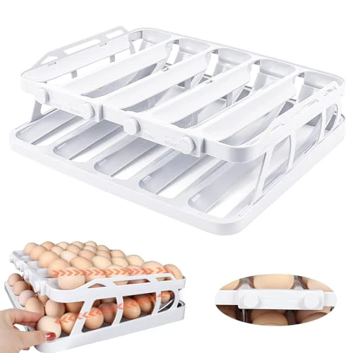 60 Egg Holder for Refrigerator, Auto Rolling Egg Dispenser 2 Tier Egg Organizer with Time Scale, 5 Rows Egg Organizer for Refrigerator Large Capacity Automatic Egg Roller for Fridge Countert