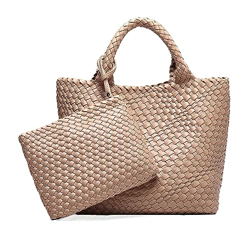 Woven Bag for Women Vegan Leather Tote Bag Large Summer Beach Travel Handbag and Purse Retro Handmade Shoulder Bag Apricot