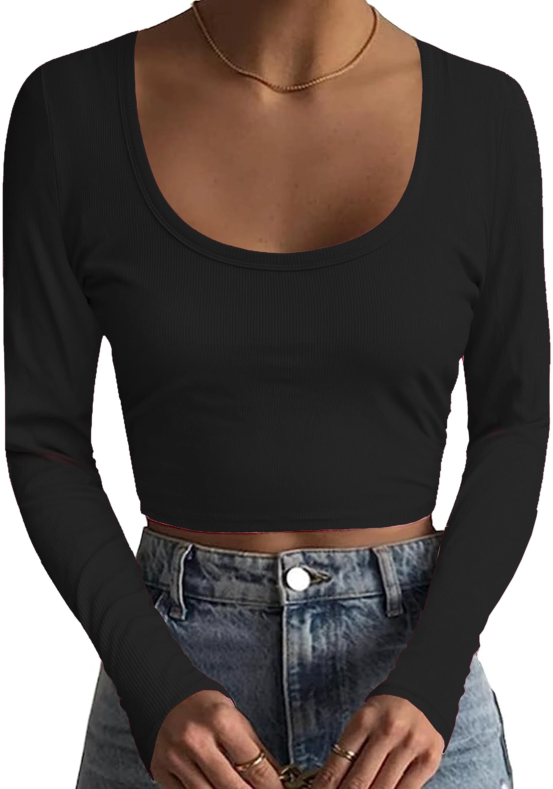 iGENJUN Women's Square Neck Long Sleeve Ribbed Slim Fitted Casual Long Sleeve Shirts Basic Crop Top 2024 Trendy Clothes Small Black