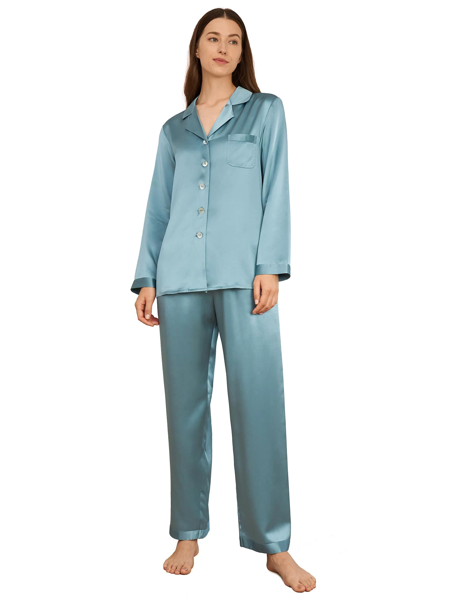 LilySilk Silk Pajamas for Women Pure Full Length Long 22 Momme 100% Mulberry Silk Luxury X-Small Blue-haze