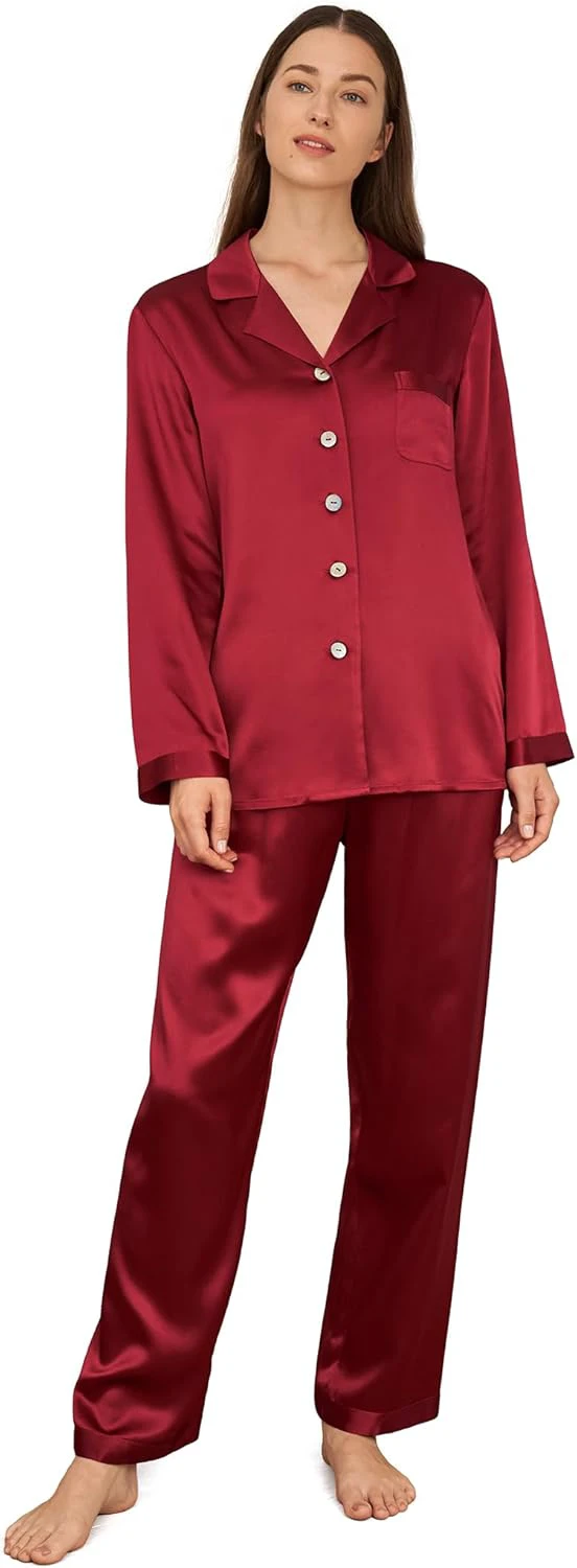 LilySilk Silk Pajamas for Women Pure Full Length Long 22 Momme 100% Mulberry Silk Luxury X-Small Claret