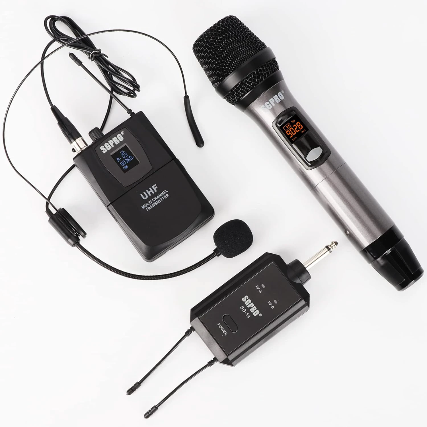 Wireless Microphone Multi-Purpose Set with Compact Receiver, Mute. and Battery Indicator for Singing, DJ, Speech, Classroom, Church and Karaoke (SG-14B | Handheld and Bodypack Set)