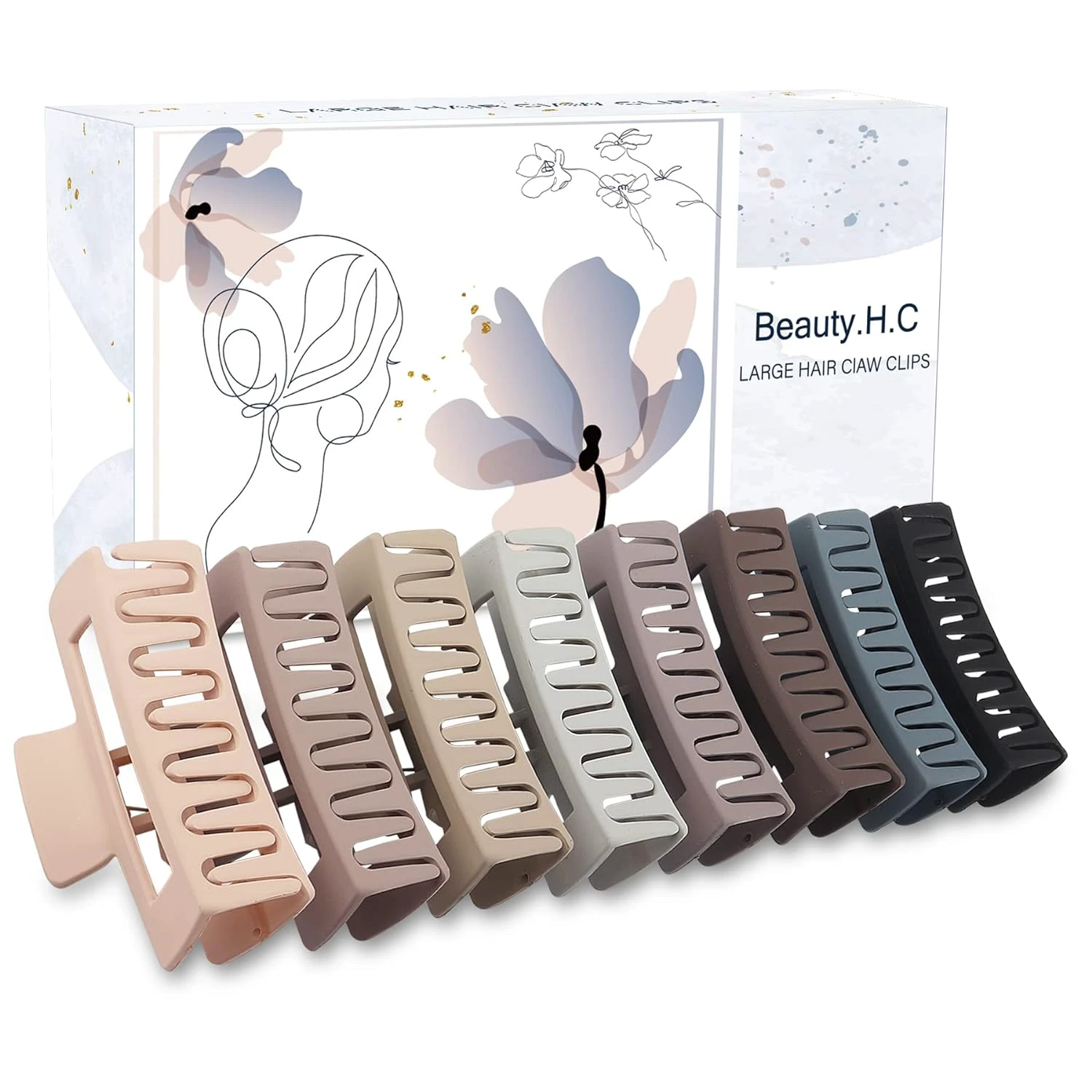 Large Nonslip Matte Neutral Claw Hair Clips for Thick, Thin or Curly Hair - 8 Strong Hold Jumbo 4.1 Inch Jaw Clips for Women and Girls D-Netural Square