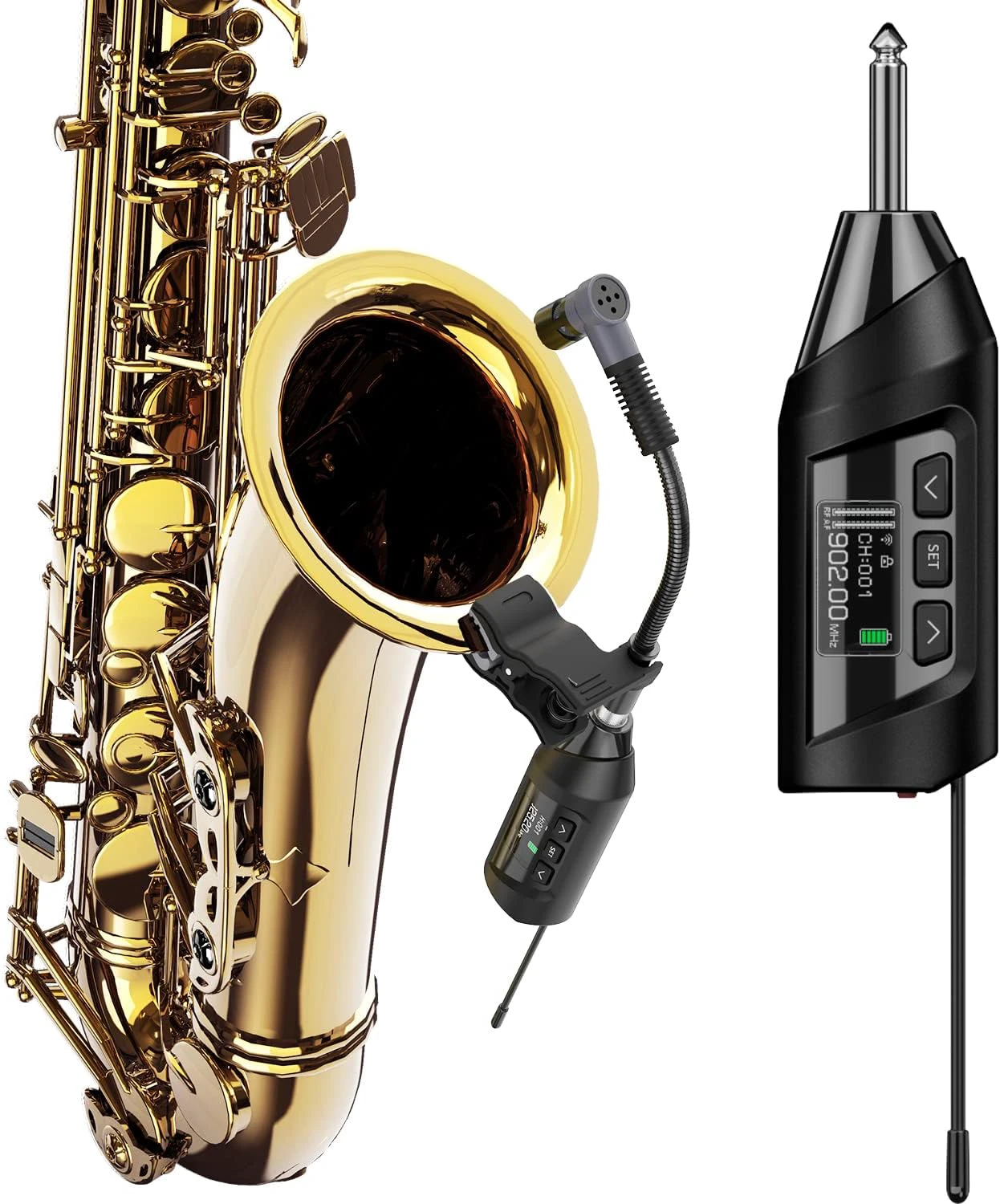 Wireless Saxophone Microphone System, Clip-On Instrument Microphone for Sax and Trumpet, Preset EQ & Echo Level 196 Ft Transmission Rechargeable Compact Transmitter and Receiver 4.5 Hours TR