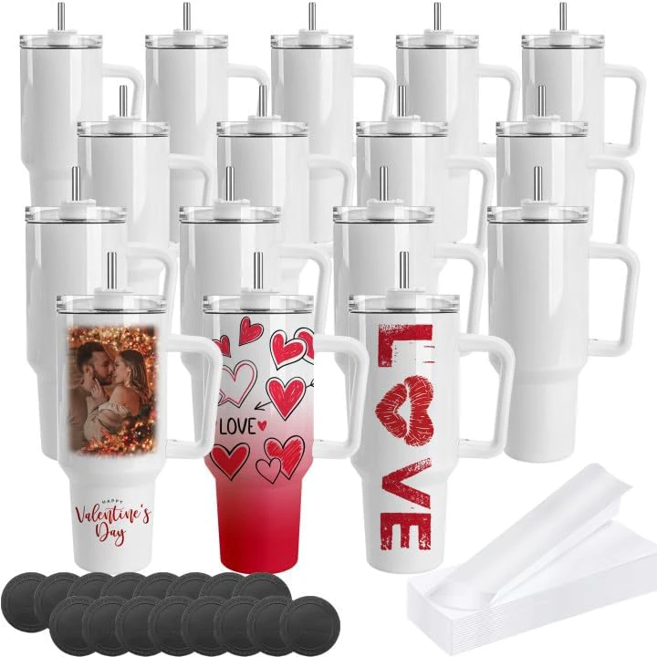 Joyclub 16 Pack 40 OZ Sublimation Tumblers with Handle Blank Insulated Large Tumbler Bulk, Coffee Travel Cups Stainless Steel Travel Mug for Diy Craft Heat Press Print 16 Pack white