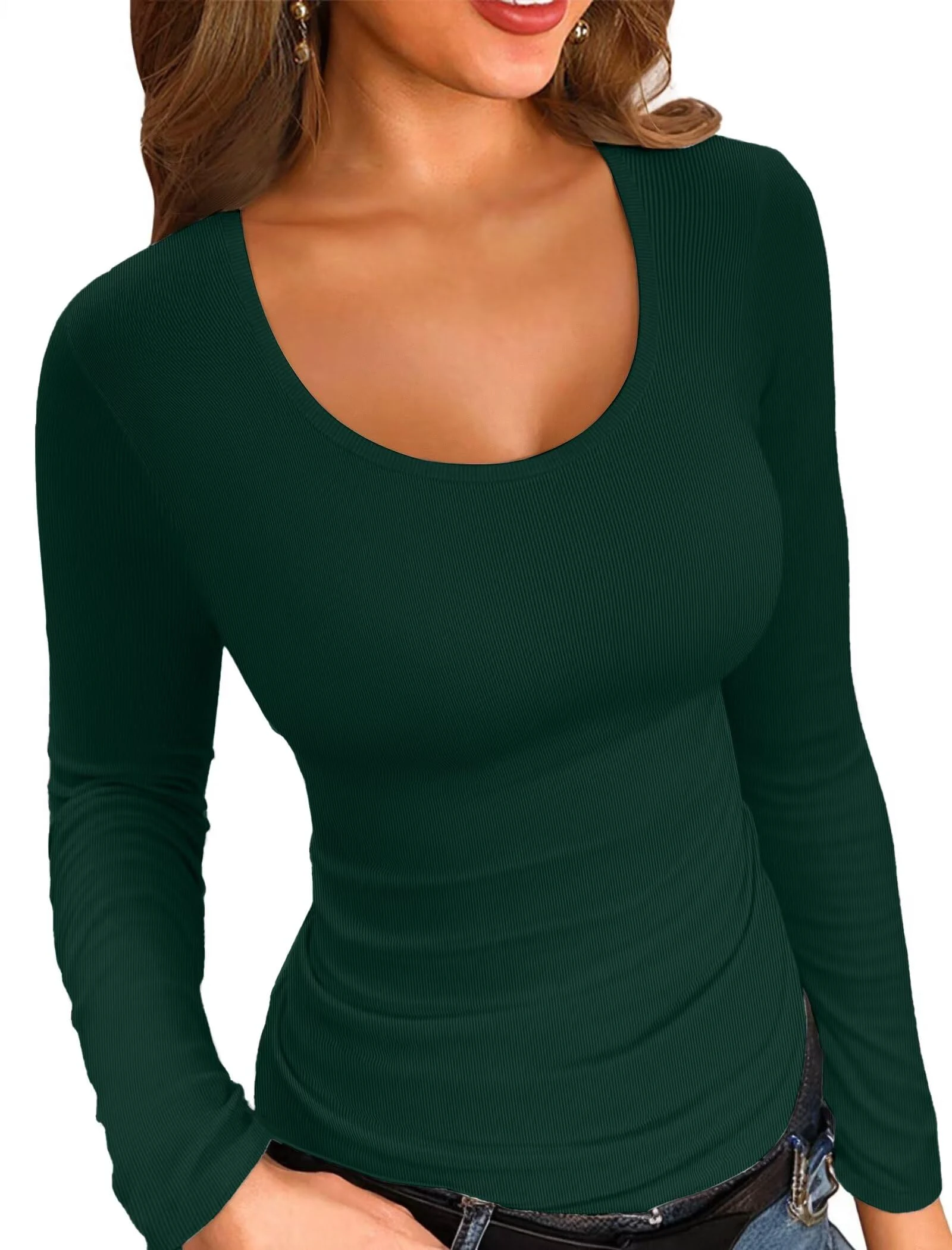 VICHYIE Summer Women's Scoop Neck Short Sleeve Shirts Ribbed Slim Fitted Casual Basic Top Blouses Long Sleeve Medium Long-dark Green