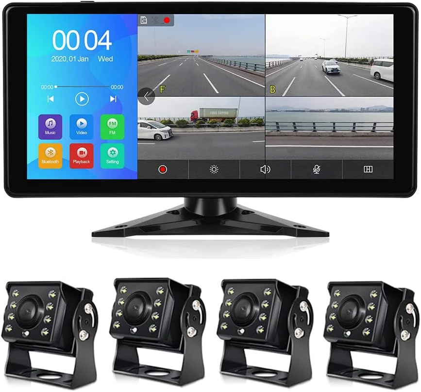 EVERSECU10.36 Touch Screen 4K Quad Display Monitor & Car Backup Cameras System & 4pcs 1080P Backup AHD Cameras, MP5 Player, Vehicle DVR Recorder for RV/Truck/Bus/Trailer/Camper/Van 10.36" Bl